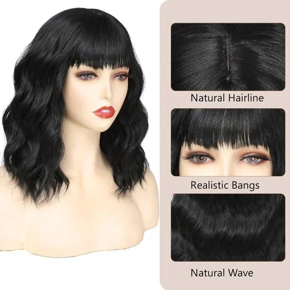 Women's Black 14 Inches Short Pastel Curly Shoulder Length Synthetic Wig - Picture 2 of 7